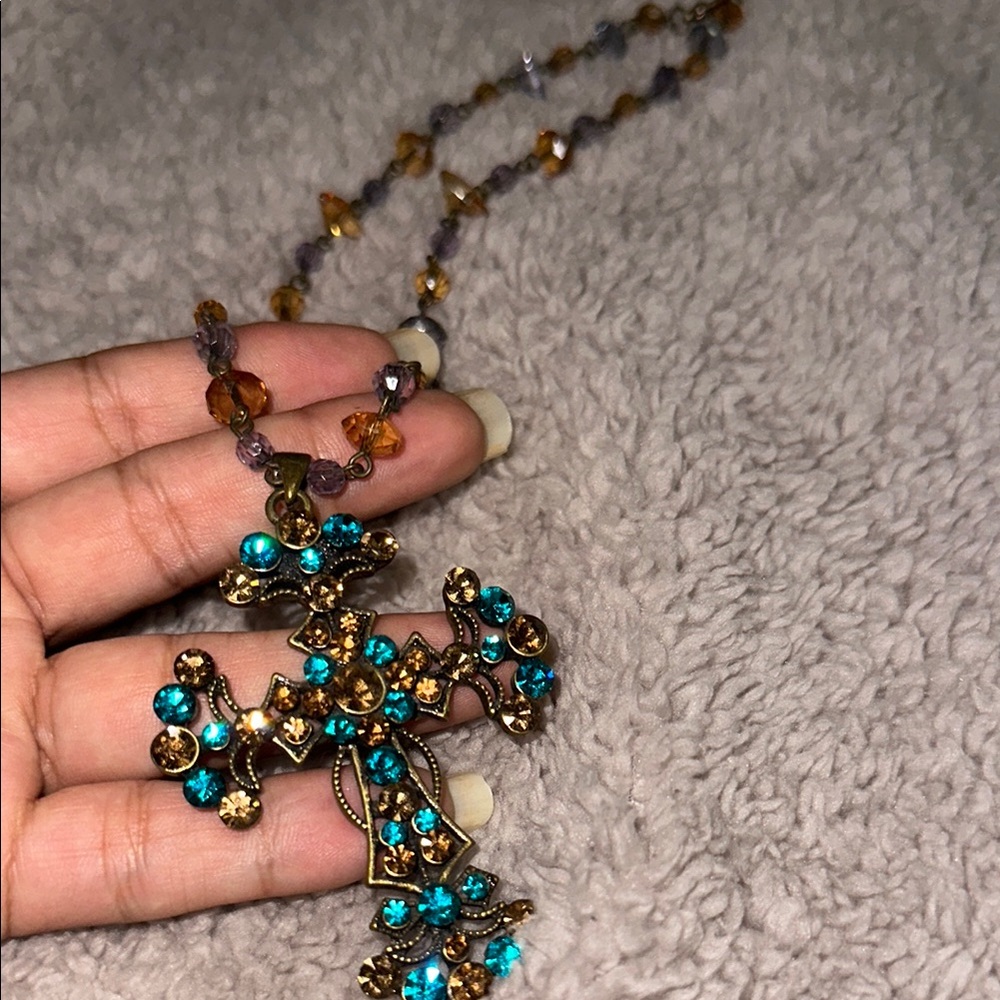 Blue and Gold Cross Pendant Necklace with Southwestern Charm